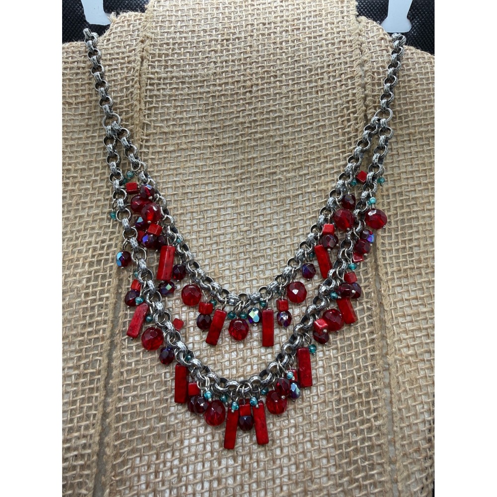 Chico's Red Beaded Multi Strand Bib Statement Necklace Silver Tone Handcrafted